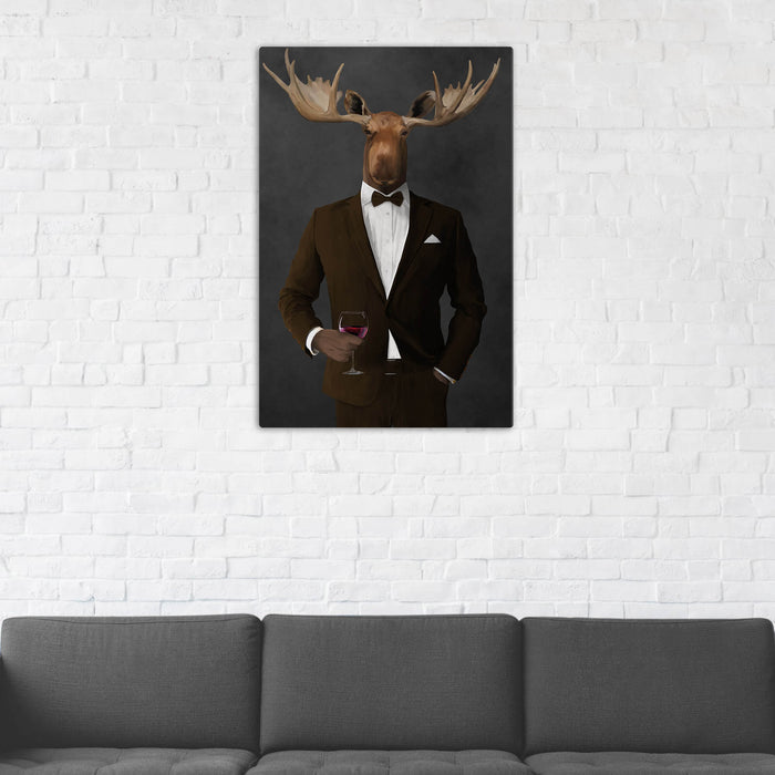 Moose Drinking Red Wine Wall Art - Brown Suit