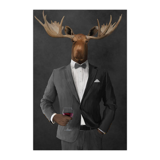 Moose drinking red wine wearing gray suit large wall art print