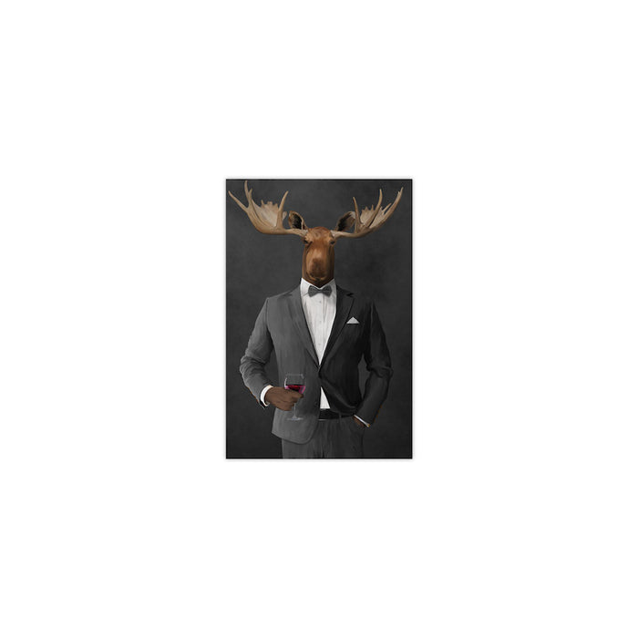 Moose drinking red wine wearing gray suit small wall art print