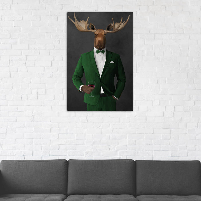 Moose Drinking Red Wine Wall Art - Green Suit