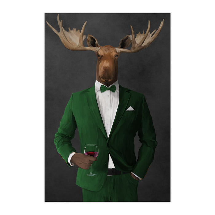 Moose drinking red wine wearing green suit large wall art print