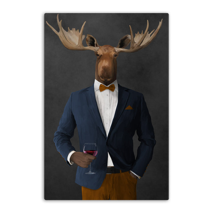 Moose drinking red wine wearing navy and orange suit canvas wall art