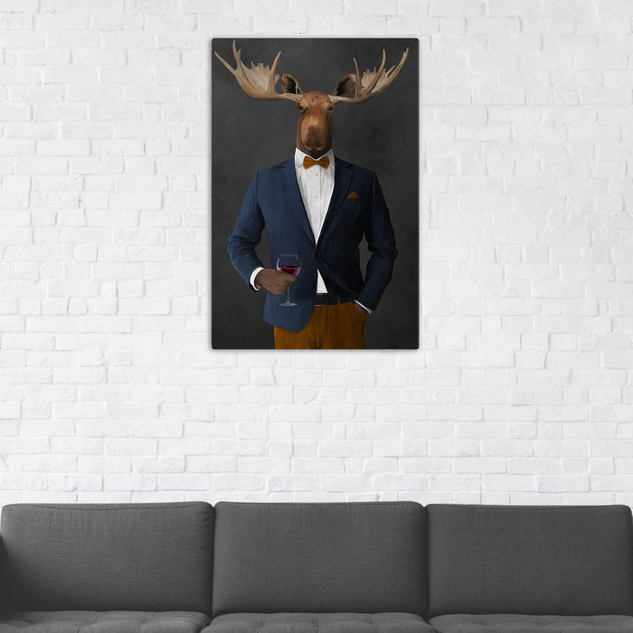Moose Drinking Red Wine Wall Art - Navy and Orange Suit