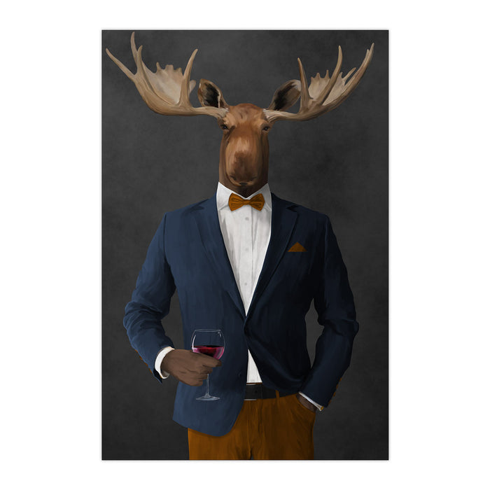 Moose drinking red wine wearing navy and orange suit large wall art print