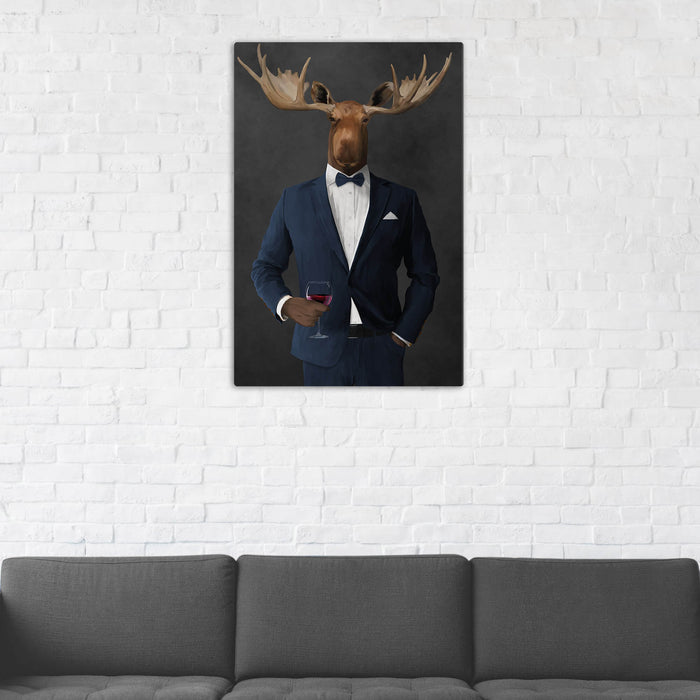 Moose Drinking Red Wine Wall Art - Navy Suit