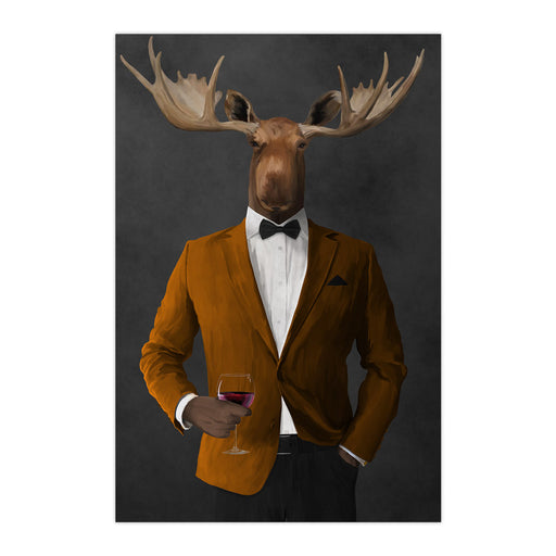 Moose drinking red wine wearing orange and black suit large wall art print