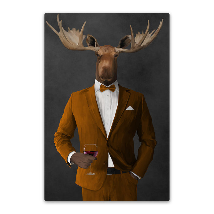 Moose drinking red wine wearing orange suit canvas wall art