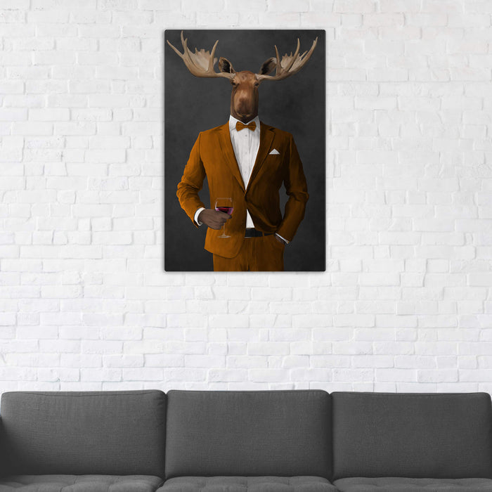 Moose Drinking Red Wine Wall Art - Orange Suit