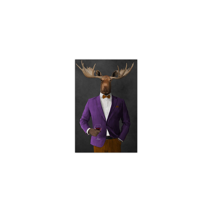 Moose drinking red wine wearing purple and orange suit small wall art print