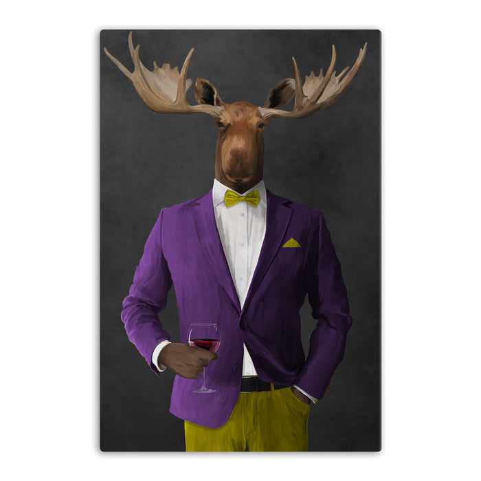 Moose drinking red wine wearing purple and yellow suit canvas wall art