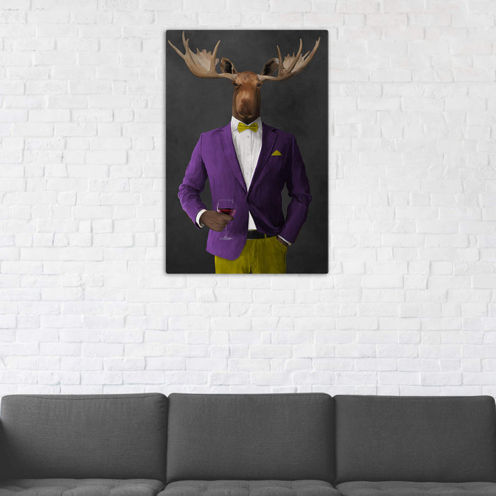 Moose Drinking Red Wine Wall Art - Purple and Yellow Suit