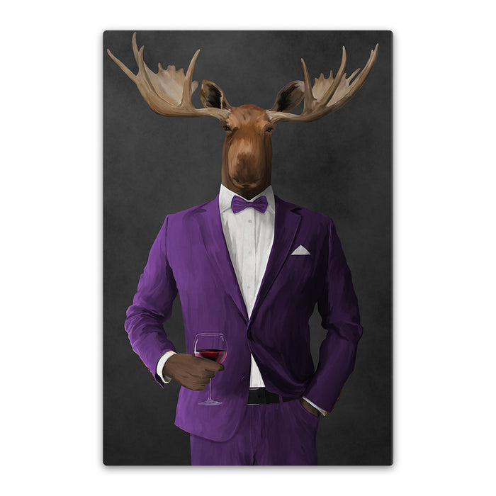 Moose drinking red wine wearing purple suit canvas wall art