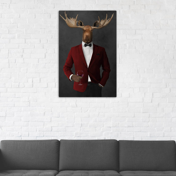 Moose Drinking Red Wine Wall Art - Red and Black Suit