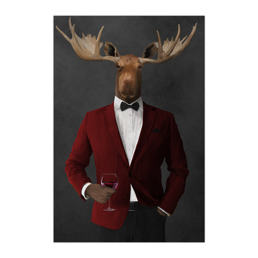 Moose drinking red wine wearing red and black suit large wall art print