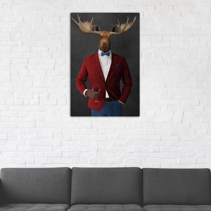 Moose Drinking Red Wine Wall Art - Red and Blue Suit