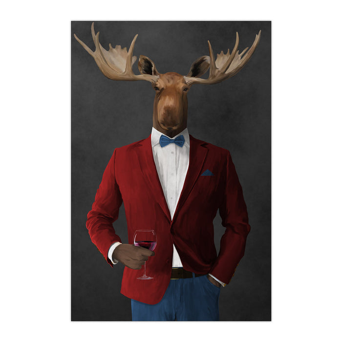 Moose drinking red wine wearing red and blue suit large wall art print