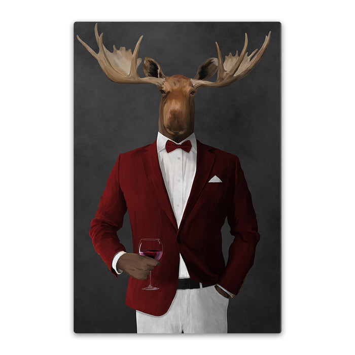 Moose drinking red wine wearing red and white suit canvas wall art