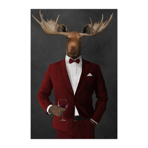 Moose drinking red wine wearing red suit large wall art print