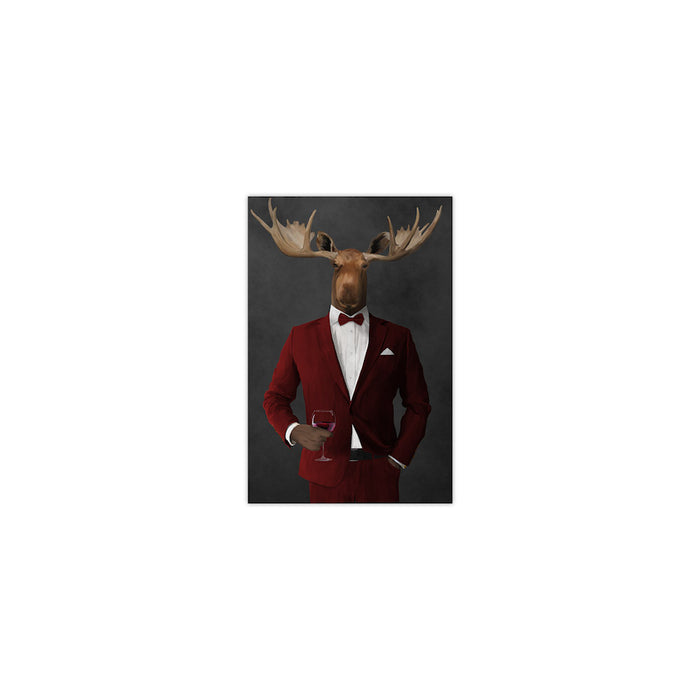 Moose drinking red wine wearing red suit small wall art print