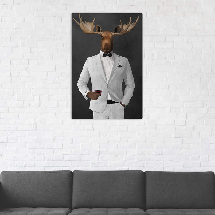 Moose Drinking Red Wine Wall Art - White Suit