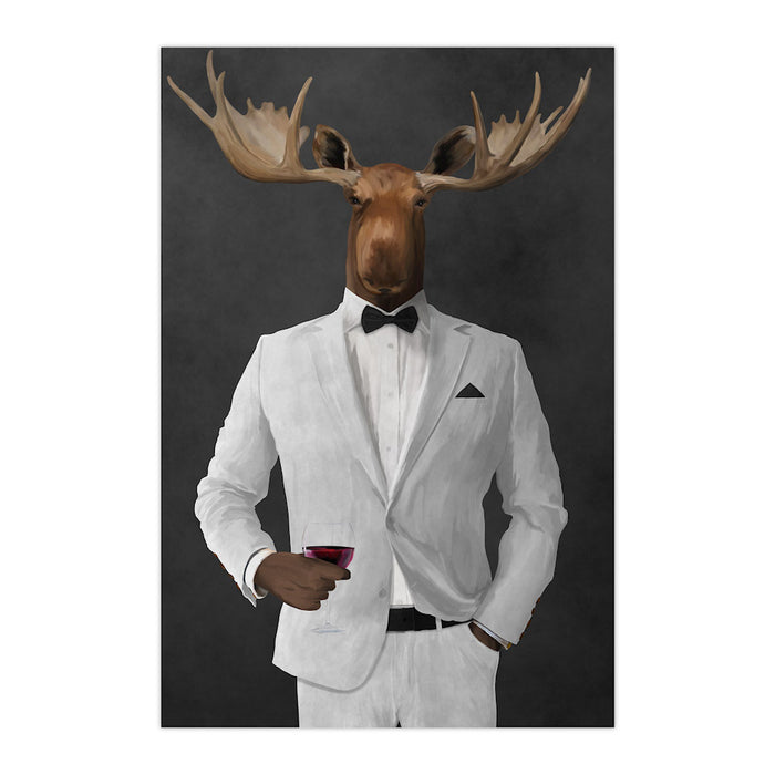 Moose drinking red wine wearing white suit large wall art print