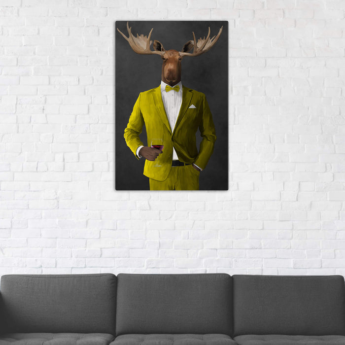 Moose Drinking Red Wine Wall Art - Yellow Suit