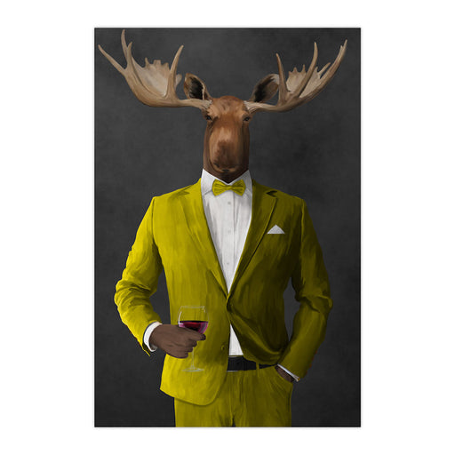 Moose drinking red wine wearing yellow suit large wall art print
