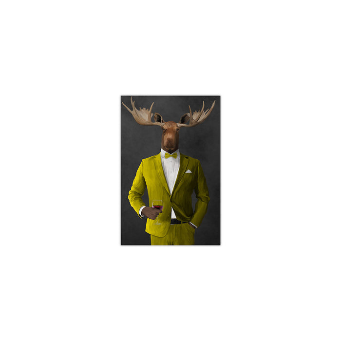 Moose drinking red wine wearing yellow suit small wall art print