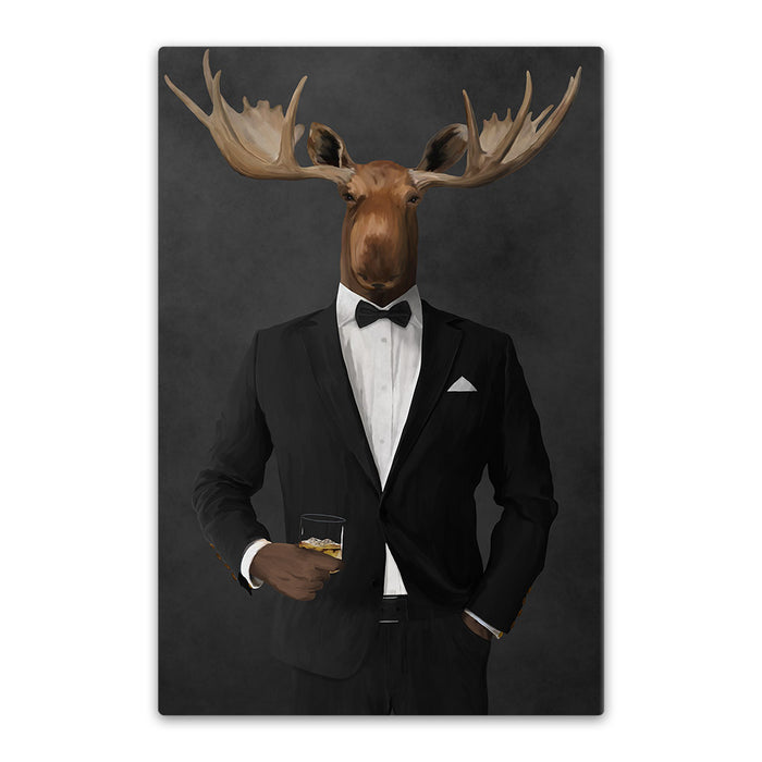 Moose drinking whiskey wearing black suit canvas wall art