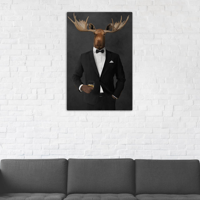Moose Drinking Whiskey Wall Art - Black Suit