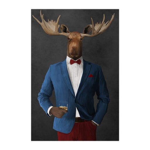 Moose drinking whiskey wearing blue and red suit large wall art print