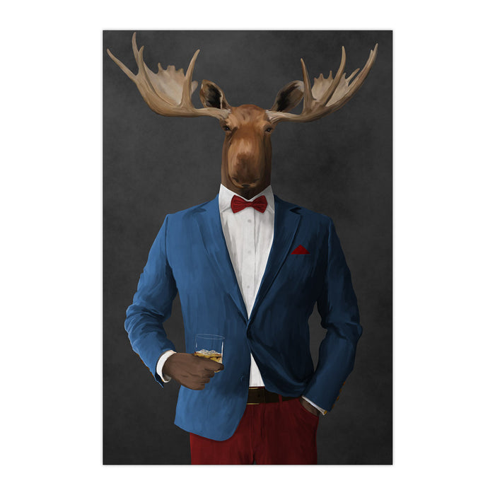 Moose drinking whiskey wearing blue and red suit large wall art print