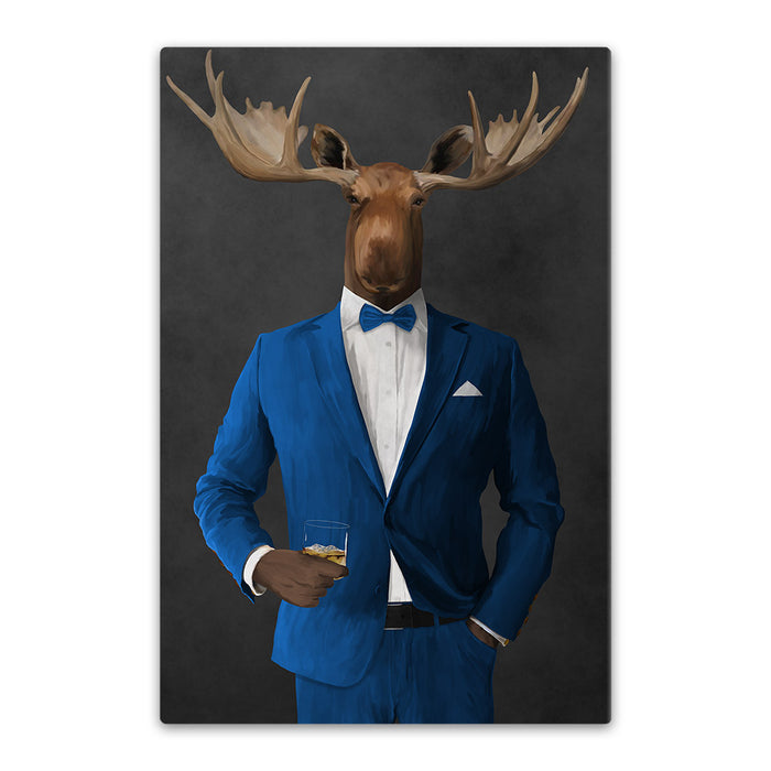 Moose drinking whiskey wearing blue suit canvas wall art