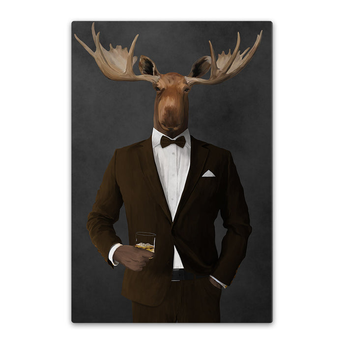 Moose drinking whiskey wearing brown suit canvas wall art