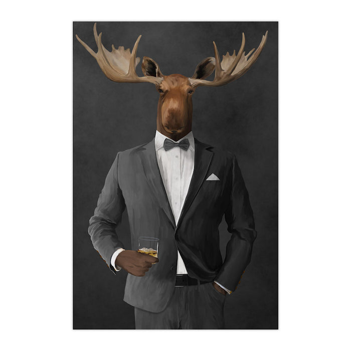 Moose drinking whiskey wearing gray suit large wall art print