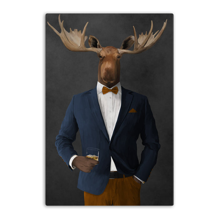Moose drinking whiskey wearing navy and orange suit canvas wall art