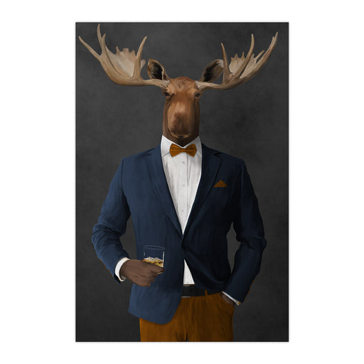 Moose drinking whiskey wearing navy and orange suit large wall art print