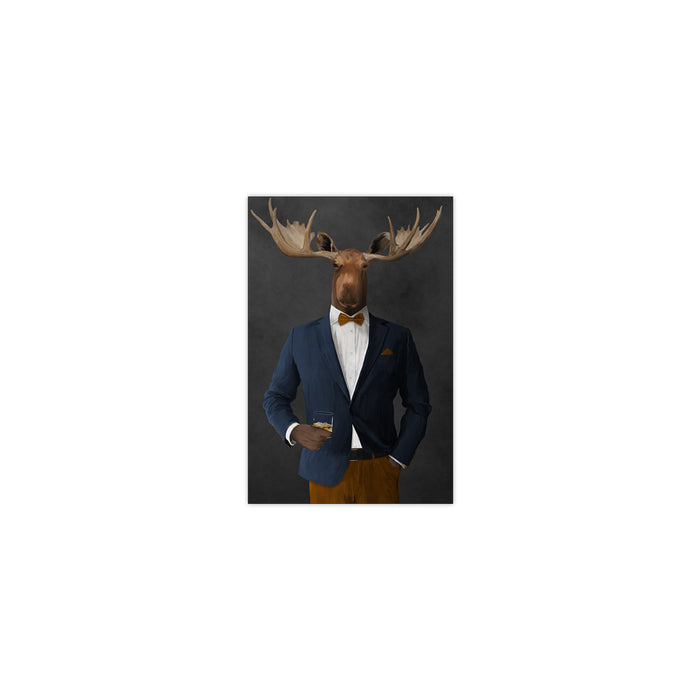 Moose drinking whiskey wearing navy and orange suit small wall art print