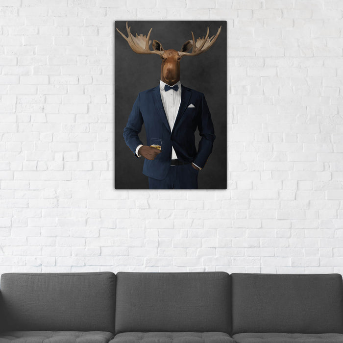 Moose Drinking Whiskey Wall Art - Navy Suit