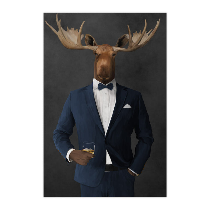 Moose drinking whiskey wearing navy suit large wall art print