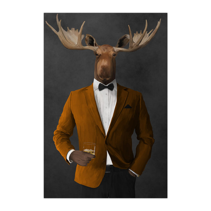 Moose drinking whiskey wearing orange and black suit large wall art print
