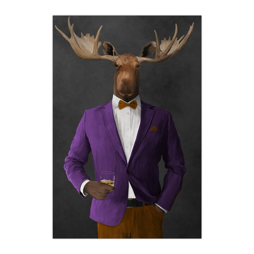 Moose drinking whiskey wearing purple and orange suit large wall art print