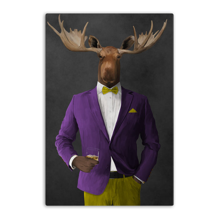 Moose drinking whiskey wearing purple and yellow suit canvas wall art
