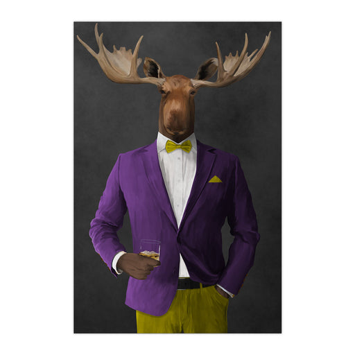Moose drinking whiskey wearing purple and yellow suit large wall art print