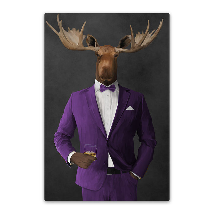 Moose drinking whiskey wearing purple suit canvas wall art