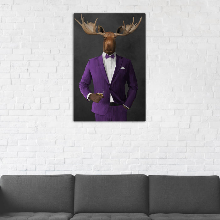 Moose Drinking Whiskey Wall Art - Purple Suit