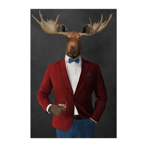 Moose drinking whiskey wearing red and blue suit large wall art print