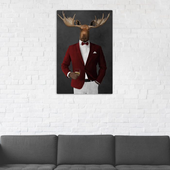 Moose Drinking Whiskey Wall Art - Red and White Suit