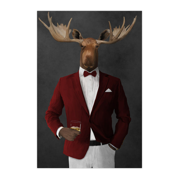 Moose drinking whiskey wearing red and white suit large wall art print