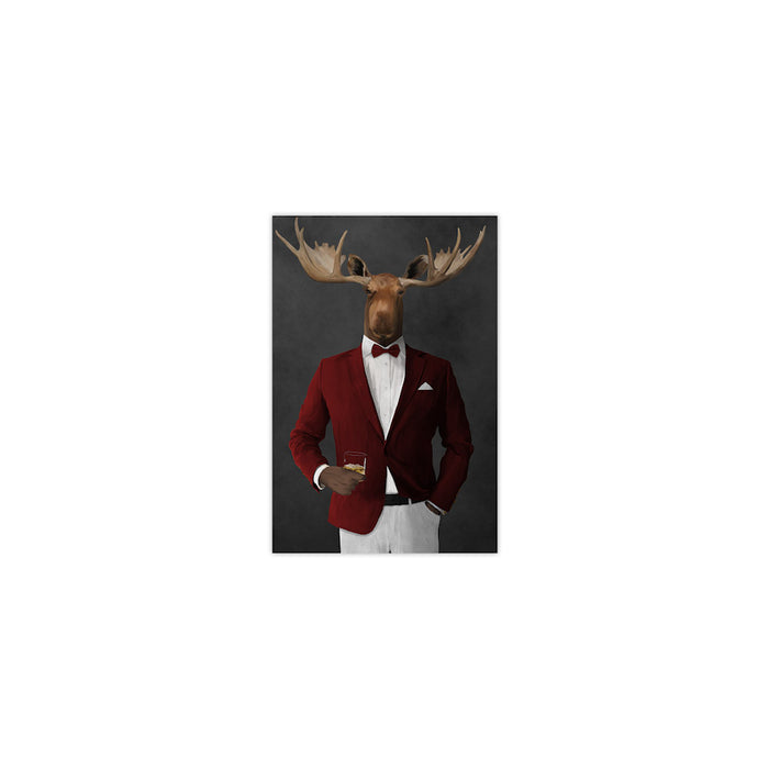 Moose drinking whiskey wearing red and white suit small wall art print
